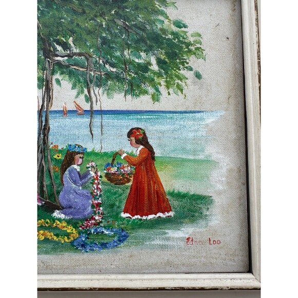 Vintage Local Hawaii Artist Edna Loo Original Canvas Oil Painting Signed - Picture 2 of 3